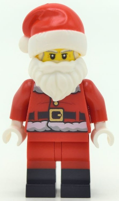 Display of LEGO Holiday & Event Santa, Red Legs, Black Boots Fur Lined Jacket with Button and Candy Cane on Back, Gray Bushy Eyebrows