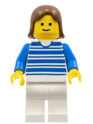 This LEGO minifigure is called, Horizontal Lines Blue, Blue Arms, White Legs, Brown Female Hair . It's minifig ID is hor017.