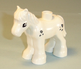 Display of LEGO part no. horse03c01pb03 Duplo Horse Baby Foal Pony with Small Dark Bluish Gray Spots  which is a White Duplo Horse Baby Foal Pony with Small Dark Bluish Gray Spots 