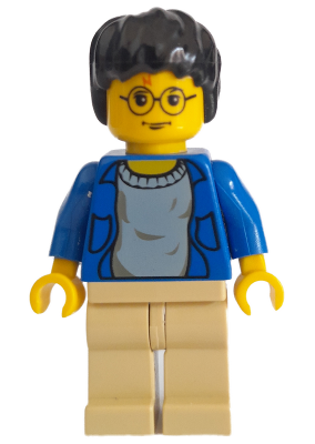 Display of LEGO Harry Potter Harry Potter, Blue Open Shirt Torso, Tan Legs