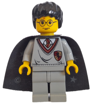 Display of LEGO Harry Potter Harry Potter, Gryffindor Shield Torso, Light Gray Legs, Black Cape with Stars