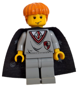 Display of LEGO Harry Potter Ron Weasley, Gryffindor Shield Torso, Black Cape with Stars