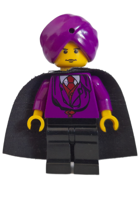 Display of LEGO Harry Potter Professor Quirinus Quirrell, Yellow Head, Purple Turban and Torso