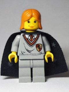 Display of LEGO Harry Potter Ginny Weasley, Gryffindor Shield Torso, Light Gray Legs, Black Cape with Stars