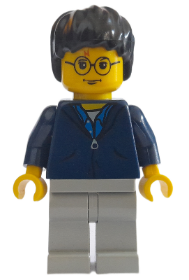 Display of LEGO Harry Potter Harry Potter, Dark Blue Jacket Torso, Light Gray Legs