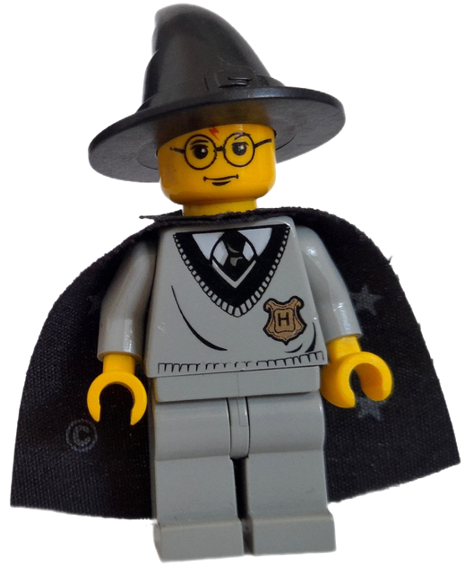 Display of LEGO Harry Potter Harry Potter, Hogwarts Torso, Light Gray Legs, Black Wizard / Witch Hat, Black Cape with Stars