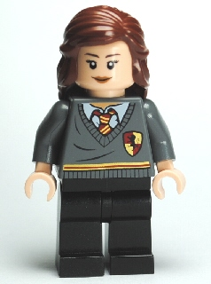 This LEGO minifigure is called, Hermione Granger, Gryffindor Stripe and Shield Torso, Black Legs . It's minifig ID is hp095.