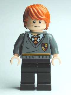 This LEGO minifigure is called, Ron Weasley, Gryffindor Stripe and Shield Torso, Black Legs . It's minifig ID is hp112.