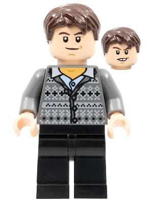This LEGO minifigure is called, Neville Longbottom, Fair Isle Sweater, Black Legs . It's minifig ID is hp129.