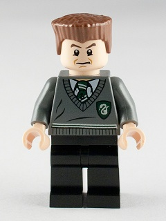 This LEGO minifigure is called, Gregory Goyle, Dark Bluish Gray Slytherin Sweater, Black Legs, Reddish Brown Flat Top . It's minifig ID is hp132.