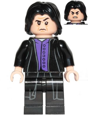 This LEGO minifigure is called, Professor Severus Snape, Dark Purple Shirt, Black Robes, Printed Legs . It's minifig ID is hp134.