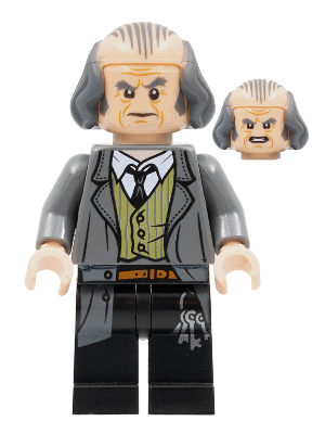 This LEGO minifigure is called, Argus Filch, Bald on Top, Dark Bluish Gray Jacket . It's minifig ID is hp140.