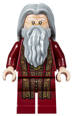 This LEGO minifigure is called, Albus Dumbledore, Dark Red Robe, Light Bluish Gray Hair . It's minifig ID is hp147.