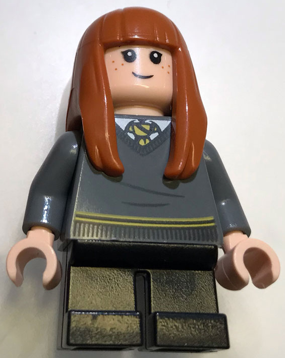 This LEGO minifigure is called, Susan Bones, Hard Plastic Hair *with wand. It's minifig ID is hp149b.