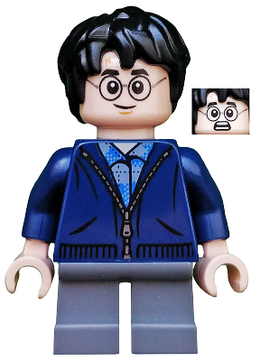 This LEGO minifigure is called, Harry Potter, Dark Blue Zip Up . It's minifig ID is hp153.