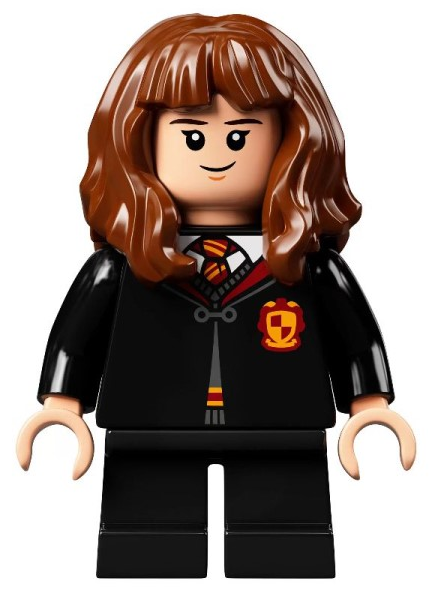 Display of LEGO Harry Potter Hermione Granger, Gryffindor Robe, Sweater, Shirt and Tie, Black Short Legs