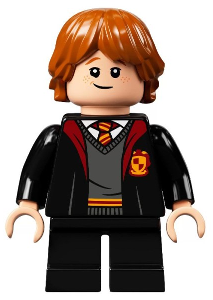 Display of LEGO Harry Potter Ron Weasley, Gryffindor Robe, Sweater, Shirt and Tie, Black Short Legs
