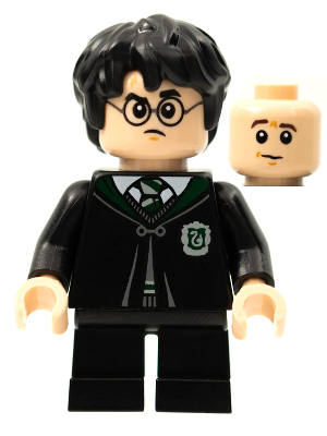 Display of LEGO Harry Potter Harry Potter, Slytherin Robe, Gregory Goyle Transformation