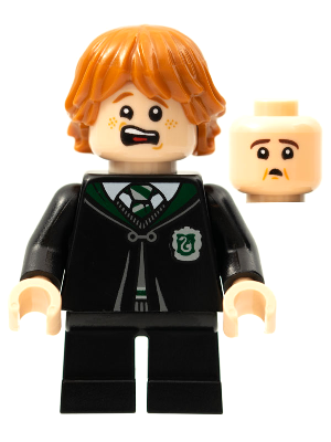 Display of LEGO Harry Potter Ron Weasley, Slytherin Robe, Vincent Crabbe Transformation