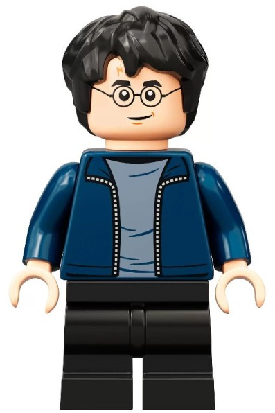 Display of LEGO Harry Potter Harry Potter, Dark Blue Open Jacket, Black Medium Legs