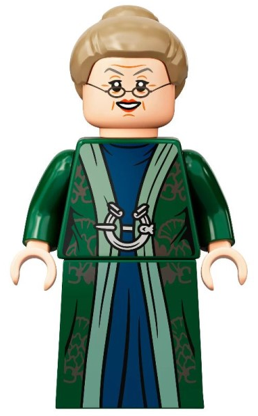 Display of LEGO Harry Potter Professor Minerva McGonagall, Dark Green Robe, Dark Tan Hair