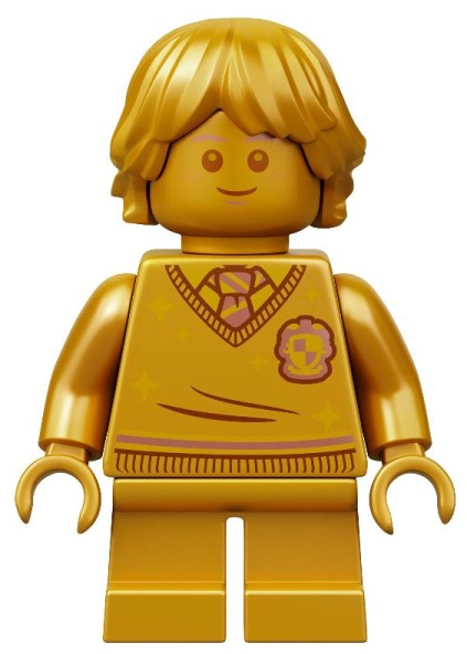 Display of LEGO Harry Potter Ron Weasley, 20th Anniversary Pearl Gold