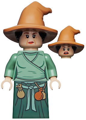 Display of LEGO Harry Potter Wizard, HP Wizarding World Female, Medium Nougat Hat, Sand Green Top, Dark Green Skirt
