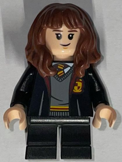 Display of LEGO Harry Potter Hermione Granger, Gryffindor Robe Open, Sweater, Shirt and Tie, Black Short Legs