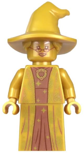 Display of LEGO Harry Potter Professor Minerva McGonagall, 20th Anniversary Pearl Gold