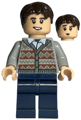 This LEGO minifigure is called, Neville Longbottom, Fair Isle Sweater, Dark Blue Legs *Includes stand and Sword of Gryffindor. It's minifig ID is hp370.