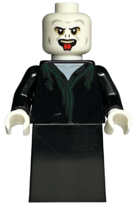 This LEGO minifigure is called, Lord Voldemort, White Head, Black Skirt, Tongue *Includes stand and wands from 76404. It's minifig ID is hp373.