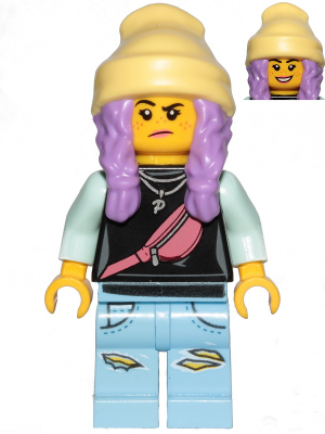 Display of LEGO Hidden Side Parker L. Jackson, Black Top with Beanie (Smile / Grumpy)