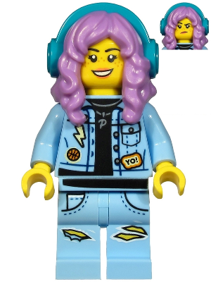 Display of LEGO Hidden Side Parker L. Jackson, Denim Jacket with Headphones (Smile / Grumpy)
