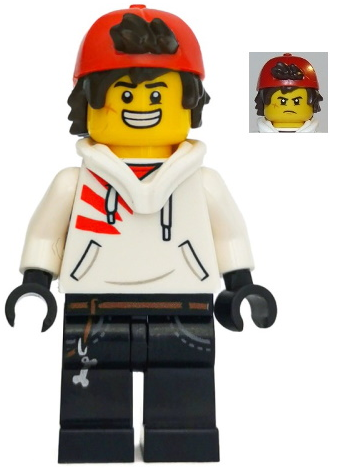 Display of LEGO Hidden Side Jack Davids, White Hoodie with Backwards Cap and Hood Folded Down (Large Smile / Grumpy)