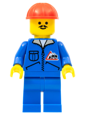 Display of LEGO City Bulldozer Logo, Blue Legs, Red Construction Helmet