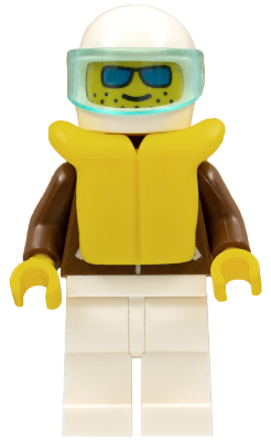 Display of LEGO City Jacket Brown, White Legs, White Helmet, Trans-Light Blue Visor, Blue Sunglasses, Life Jacket