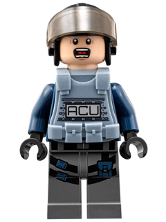 This LEGO minifigure is called, ACU Trooper, Vest, Helmet, Male, Light Nougat Head . It's minifig ID is jw004.