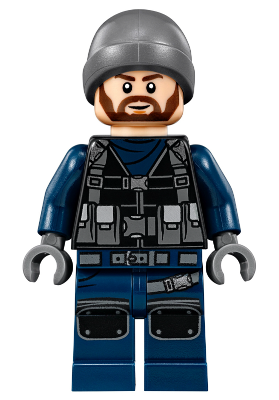This LEGO minifigure is called, ACU Guard, Male, Dark Bluish Gray Beanie, Light Nougat Head . It's minifig ID is jw018.