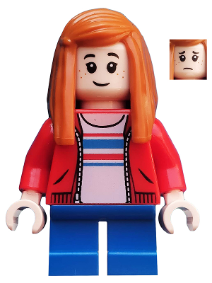 This LEGO minifigure is called, Maisie Lockwood, Red Jacket, Dark Orange Hair . It's minifig ID is jw024.