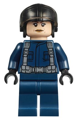 This LEGO minifigure is called, ACU Pilot, Female, Black Aviator Cap, Light Nougat Head . It's minifig ID is jw038.