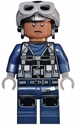 This LEGO minifigure is called, ACU Pilot, Male, Black Aviator Cap with Dark Bluish Gray Goggles, Reddish Brown Head . It's minifig ID is jw043.