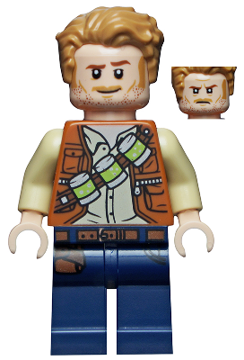 Display of LEGO Jurassic World Owen Grady, Lime Canisters