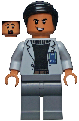 Display of LEGO Jurassic World Dr. Wu, Light Bluish Gray Jacket, Evil Smile / Scared