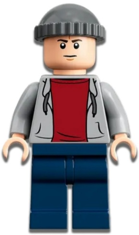 This LEGO minifigure is called, Guard, Knit Cap, Light Bluish Gray Sweatshirt . It's minifig ID is jw094.