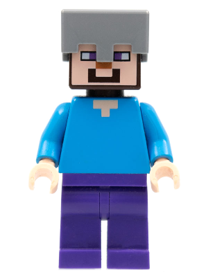 This LEGO minifigure is called, Steve, Dark Purple Legs, Flat Silver Helmet *Includes silver axe. It's minifig ID is min016.