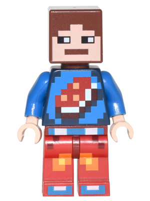 This LEGO minifigure is called, Minecraft Skin 7, Pixelated, Blue Shirt with Porkchop Icon . It's minifig ID is min040.