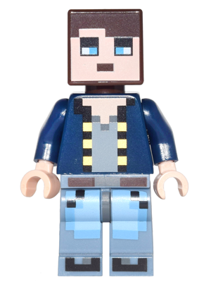 This LEGO minifigure is called, Minecraft Skin 8, Pixelated, Dark Blue Jacket and Bright Light Blue and Sand Blue Legs . It's minifig ID is min041.