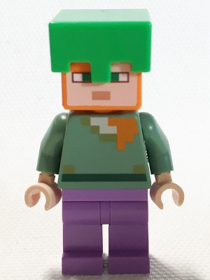 This LEGO minifigure is called, Alex, Medium Lavender Legs, Bright Green Helmet with sword from 21164. It's minifig ID is min089.