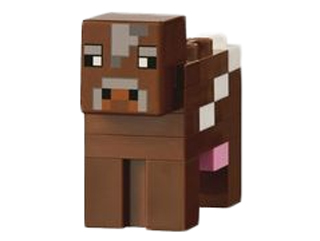 Display of LEGO part no. minecow01 which is a Reddish Brown Minecraft Cow, Brick Built 