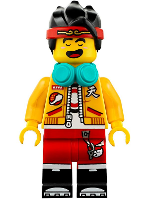 Display of LEGO Monkie Kid Monkie Kid, Bright Light Orange Open Jacket, Dark Turquoise Headphones, Fierce / Happy